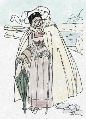 World War I: a German spy disguised as an old woman from the vendea, with an umbrella telescope and a cane who takes photographs, 1917 (WWI: a german spy disguised as an old woman from the vendea, with an umbrella telescope and a cane who takes photographs, 1917) Illustration in “My History of the Great War” by Olivier d'Arc, 1919 Collection privee