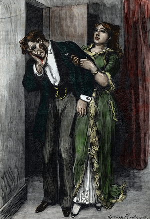 Clotilde supports his husband Duveyrier after his failed suicide attempt Illustration of the novel “Pot-Bouille” by Emile Zola (1840-1902) 1886 (Illustration for the novel Pot Bouille by Emile Zola, 1886) Private collection