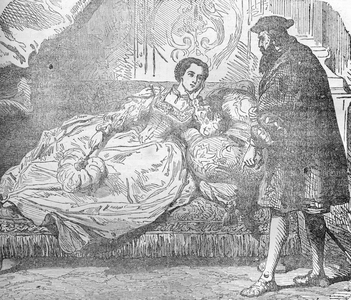 Diane de Poitiers (1499-1566) approaching Anne de Montmorency (1493-1567) connetable from France in 1558 (Diane de Poitiers and Anne, Duke of Montmorency, 1558) Engraving from “Histoire de la Bastille” by Auguste Maquet, 1844