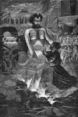 Freemaking: Tubalcain leading Hiram to the center of the earth, domain of Eblis et Cain (Hiram is led by Tubal-Cain to the kingdom of Eblis and Cain, According to the legend of the master builder of the temple of King Solomon in Jerusalem in the 10th century bc) Engraving from “Les mysteres de la Franconnerie” by Leo Taxil (1854-1907), 1887 Collection privately Â