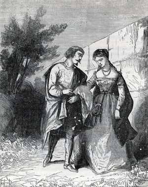 Les amours de Gilles de Bretagne (1420-1450) et Francoise de Dinan (1436-1499) (Francoise de Dinan (1436-1499 a French heiress, brotier and educator and Gilles of brittany) Engraving from “Les mysteres du grand monde” by Fulgence Girard, 19th century Private Collection