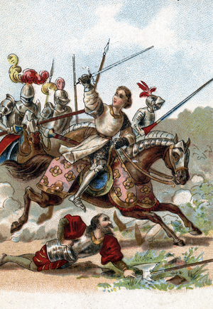 Impetuous warrior Gaston of Foix, Duke of Nemours during the battle of Ravenna 11th april 1512 saying, "Who's coming with me?". 19th century (chromolithograph)