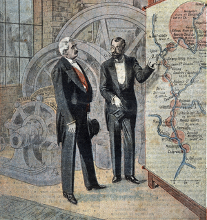 French president Millerand and the engineer who plans the construction of hydroelectric plants on the Rhone river Illustration from “Le pelerin”” April 1921