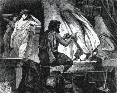 Representation of the Greek sculptor Phidias (490-430 BC) in his workshop (Greek sculptor Phidias or Pheidias in his study) Engraving from “History of the world” by Ridpath 1885 Private collection