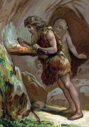 Prehistory: discovery of the manufacture of fire by prehistoric men homo erectus (homo-erectus) using wood friction. 19th century (chromolithograph)