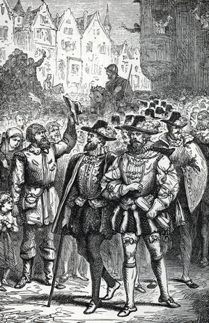 La procession des Nobles traverse Bruxelles pour rencontrer la gouvernante des Pays Bas Marguerite de Parme (1522-1586), la noblesse mecontente lui soumet une petition le 5 avril 1566 debouchant sur le compromis des nobles (Compromise of Nobles : covenant of members of the lesser nobility in the Habsburg Netherlands who came together to submit a petition to the Regent Margaret of Parma on 5 April 1566, with the objective of obtaining a moderation of the placards against heresy in the Netherlands) Gravure 19eme siecle