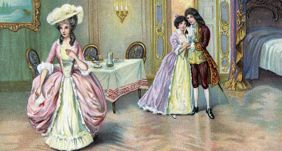 La marechale remains alone with Sophie and Octavian lovers Illustration of Act III of the opera “Der Rosenkavalier”” by Richard Strauss (1864-1949) (The Marschallin, Sophie, and Octavian are left alone, illustration for the 3rd act of “Der Rosenkavalier”” (The Knight of the Rose) comic opera Richard Strauss) Chromolithography to 1911 Private collection