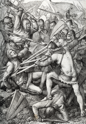 The Battle of Sempach fought on 9 July 1386, between Leopold III, Duke of Austria and the Old Swiss Confederacy, drawing a pen drawn from “Historische Memorabilian des In-und Auslandes” (Memories historical) by Anton Ziegler, 1840 Private Collection
