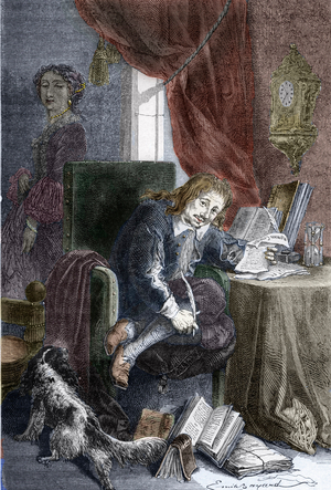 Portrait of the French writer Paul Scarron (1610-1660) author of burlesque comedies, he is represented on an invalid chair, his wife Francoise d'Aubigne (who became Marquise de Maintenon) (1635-1719) stands in the shadow behind him Engraving - Portrait of french writer Paul Scarron, author of burlesque comedies and crippled, his wife Francoise of Aubigne, who later became Madame de Maintenon and secretly married King Louis XIV of France, stands behind him - Private collection