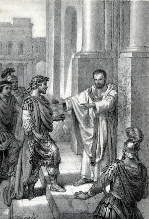 The archbishop Saint Ambrose of Milan (Aurelius Ambrosius, Ambrogio di Milano (340-397) prohibited the entrance of the church to roman emperor Theodosius I (Flavius Theodosius) (347-395) to punish him for the massacre of Thessalonica in 390 - Excommunication: the archbishop Saint Ambrose of Milan (Aurelius Ambrose Sius, Ambrogio di Milano (340-397) refuses the door from the church to the Roman Emperor Theodosius I (Flavius Theodosius) (347-395) to punish him for the massacre of Thessaloniki in 39drawing drawn from “I misteri del vaticano”” by Franco Mistrali 1843
