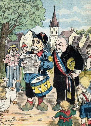 Cartoon representing Georges Clemenceau and Emile Combes campaigning together in the French campaigns for the elections of 1913 (Caricature showing French statesmen Emile Combes and Georges Clemenceau running together for presidential elections of 1913) Illustration from “Le pelerin” July 1912