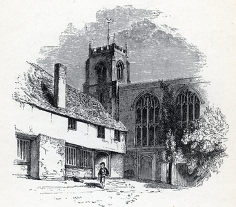 View of young William Shakespeare in the yard of the grammar school at Stratford upon avon, England circa 1570 (View of William Shakespeare in his grammar school in Stratford-upon-Avon England, 1570 ca) Engraving from “annals of the life and works of William Shakespeare” 1886 Private collection