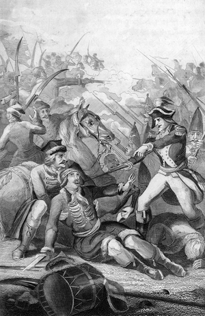 Kosciuszko insurrection: Polish heros Tadeusz Kosciuszko (1746-1817) capture in the Battle of Maciejowice against the Russians, 10/10/1794” (Kosciuszko Uprising: polish hero Tadeusz Kosciuszko captured at Maciejowice battle, 10th October 1794) Engraving from “” Bilder-Gallerie zur allgem”” by Rotteck 1843 Collection privee