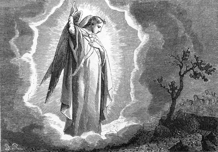 Appearance of the Archangel Saint Michael on Mount Gargan, Italy. 19th century (engraving)