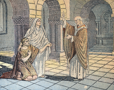 Saint Augustine of Hippo (354-430) and his mother Sainte Monique facing Saint Ambrose (340-397) in Milan, 387 (St Augustine of Hippo with his mother st Monica in front of st Ambrose of Milan, 387) Illustration from “” Le pelerin””” 1933 Private collection