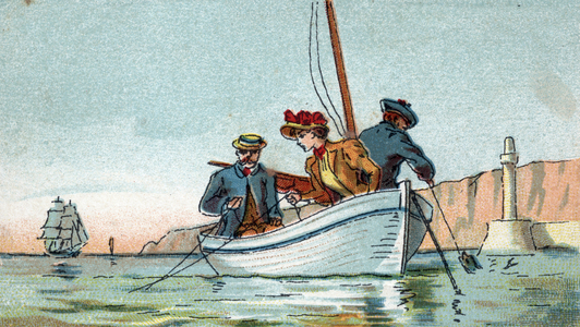 Couple of urban dwellers fishing mackerel, Normandy. 19th century (chromolithograph)