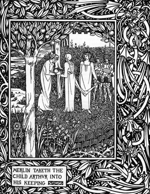 Representation of Merlin the Enchanter and Fee Viviane (Merlin anc Vivien) Illustration by Henry Justice (HJ) Ford (1860-1941) from “The book of romance”” 1902 Collection privee