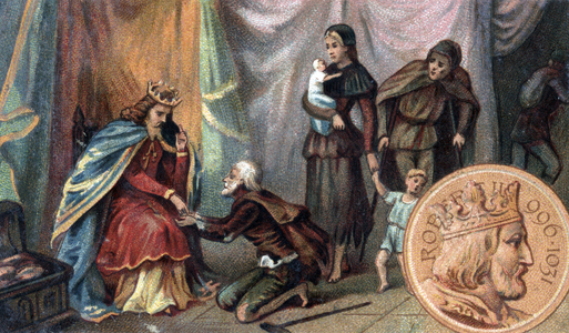 Robert II of France called the pious (the wise) feed the poors. Late 19th century (chromolithograph)