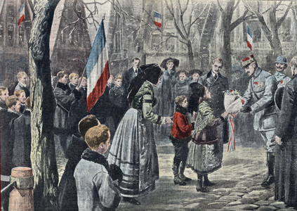 The Commander-in-Chief of the Armees Robert Nivelle visiting Alsace francaise, February 1917 (Commander-in-Chief Robert Nivelle in french Alsace) Illustration taken from “” Le pelerin”” 25 February 1917 Collection privee