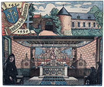 Sanctuary erige in 1930 at Château de Beaulieu-les-Fontaines (Oise), first prison of Jeanne d'Arc during her capture by the Burgundians in 1430, from where she fled before being enclosed at chateau de beaurevoir - View of monument erected in 1930 in the castle of Beaulieu les Fontaines (Oise), first prison of Joan of Arc in 1430 - Engraving from “Almanach du Pelerin”” 1931 - Private collection