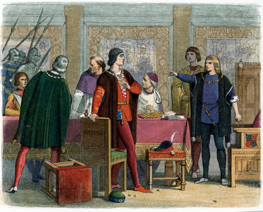 War of the Two Roses: “” Richard makes Lord William Hastings arrest for treason on 13/06/1483” (Richard, The Duke of Gloucester (later King Richard III) orders the arrrest of Lord William Hastings for treason in showing antipathy to the Woodvilles and becomes the first recorded execution at the Tower of London. 13 June 1483) Illustration from “” A Chronicle- Of-England”” by James Doyle, 1864 Private collection