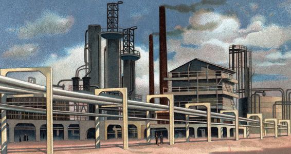 Oil production: view of a refinery and distillation plant to purify crude oil Chromolithography, 1938 Collection privee