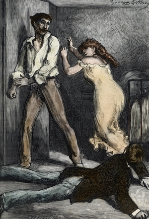 Octave et Berthe surprised by her husband Auguste (Auguste brokes down the door and discovers his wife Berthe with her lover Octave Mouret) Illustration of the novel “” Pot-Bouille”” by Emile Zola (1840-1902) 1886 (Illustration for the novel Pot Bouille by Emile Zola, 1886) Private collection