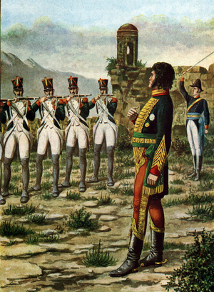 The execution of Joachim Murat on 13 October 1815 in Pizzo (Calabria) in Italy (The death of Joachim Murat in Pizzo, Calabria, 13th October 1815) Illustration by Tancredi Scarpelli (1866-1937) from “Storia d'Italia”” (History of Italy) by Paolo Giudici, 1930 Private collection