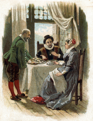Michel de Montaigne (1533-1592) and his wife Francoise de la Chassaigne enjoying a meal of oysters, 19th century (chromo)