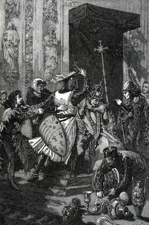 Sciarra Colonna slapping Pope Boniface VIII across the face, 1303 - Anagni Attack (Schiaffo di Anagni, oltraggio di Anagni): Sciarra Colonna tries to slam Boniface VIII (Benedetto Caetani dit Bonifacio VIII, 1230-1303) at Anagni on 8 September 1303 Engraving from “History of the world” about Ridpath 1885 Collection privee