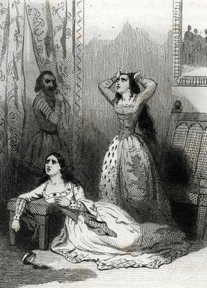 The death of Blanche de Bourbon (1339-1361) probably poisoned by her husband Pierre le Cruel in 1361 (death of Blanche of Bourbon Queen of Castile as the wife of King Peter 1361) Engraving from “Conspirators and Political Executions” by Blanc, 1846
