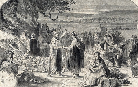 Lot taking his family and holding it away from the city of Sodom which will be destroyed and saying goodbye to Abraham. 19th century (engraving)