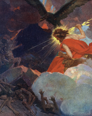 Titanomachia: representation of Zeus triumphant of titans (Titanomachia or Titanomachy: Zeus and the Olympians victorious over the titans) Engraving from “My beautiful mythological tales” by HS Bres, beginning 20th century private collection