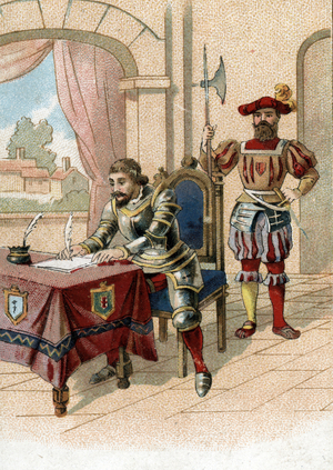 Everything is lost for the honor Francois I writing to his mother Louise de Savoy after the battle of Pavia on 24/02/1525. 19th century (chromolithograph)