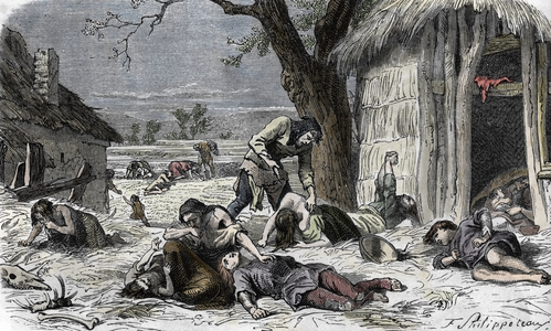 Famine en 1030-1033: anthropophagy dans les campagnes francaises (Great famine of 1030 - 1033: cannibalism in the french countryside) Engraving from “History-Populaire-de-France” by Lahure, 1866 Collection privee