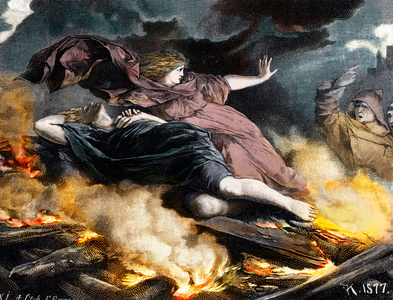 L'heresie, un couple heretique sur le bucher sous le regard des inquisiteurs (Inquisition: burning of heretics) Engraving from “Germania” by Johannes Scherr 1880 Collection privee