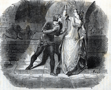THE Queen of Portugal Eleonore Telez de Menezes (1350-1386) supported by her son is forced to save herself at the death of her husband Ferdinand, in 1383 (Portuguese Crisis of 1383-1385). 19th century (engraving from “L'alcove des queens”” by Jules Beaujoint).