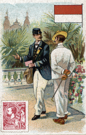 A postman from Monaco, stamp and flag Chromolithograph 19th century Private collection