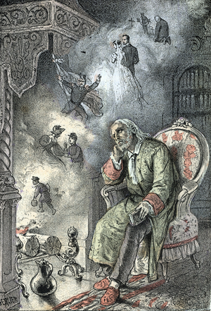 An old man remembering his life stages (marriage, war, death of relatives, childhood) (loneliness, amnesia, old age, senilite, retirement, memory) (old man remembering his life) Engraving from “The Needs of Life” by Rengade, 1887 Private collection