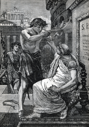Jules Cesar (100-44 BC) refused the royal diademe offered to him by Marc Antoine (83-30 BC) during the lupercalas, 44 BC (Rome celebrates the festival of the Lupercal in 44 BC, Mark Antony presents Caesar with a royal diadem, urging him to take it and declare king - He refuses this offer and orders the crown to be placed in the Temple of Jupiter) Engraving from “History of the world” by Ridpath 1885 Private collection