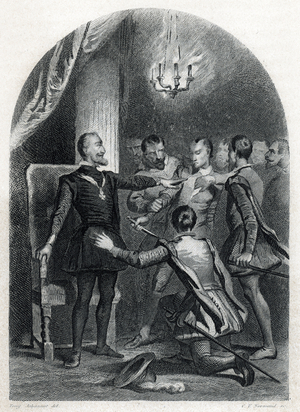 Jean Chastel (Jean Chatel) (1575-1594) after the assassination attempt on King Henry IV of France on 27 December 1594. 19th century (engraving from “Histoire des jesuites” by Boucher)