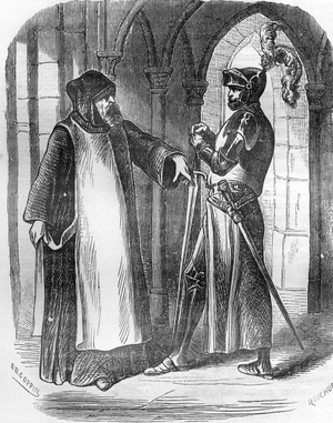 The theologian Jean Petro (1360-1411) (Johannes Parvus) going to Jean I of Burgundy known as Jean Sans Per (1371-1419) 1408-1409 (Jean Petro French theologian and professor in the University of Paris at John the Fearless's house (John of Valois and John I of Burgundy) to take his defence of political killing of the duke of Orleans, 1408-1408-1408-1409) Engraving from “” Histoire de la Bastille”” by Arnould Maquet, c.1844