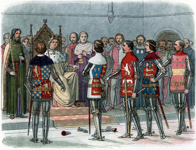 Les lords appellants face king Richard II of England whom they seek to deposseder of his power, 1387 (Arundel, Gloucester, Nottingham, Derby and Warwick before King Richard II demand the removal of the traitors who were about him, Westminster - 1387) Illustration from “” A Chronicle-of-England”” by James Doyle, 1864 Private collection