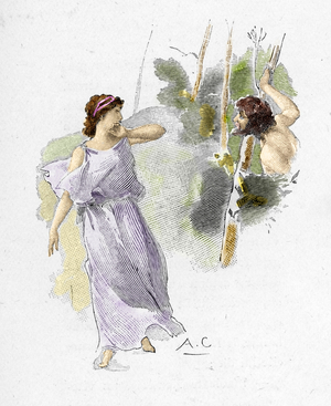 Odyssee of Homere: “” Nausicaa, daughter of King Alcinoos sees Ulysses naked and starving asking her for help”” (Odysseus emerges from the forest completely naked, scaring the servants of Nausicaa, daughter of King Alcinous, away and asks her some help) Illustration by Antoine Calbet (1860-1944) for “” The odyssee”” by the Greek poet Homere ( Odyssey by Homer) 1897 Private Collection
