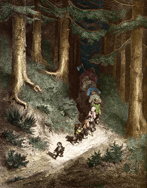 Illustration for "Le tale du petit Poucet" by Charles Perrault (1628-1703) (1697): the little Poucet sown stones so that he and his brothers could find their way in the forest. By Gustave Dore (1832-1883) 19th century (engraving)