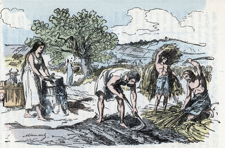 Daily life in Prehistory: scene of agricultural work in the age of iron Engraving from “” La nature et l'homme” by Rengade 1881 Private collection