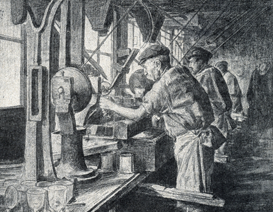 Cutting workshop at the crystal glass manufacture in Sevres near Paris Engraving from “Excursion a travers les metiers” by Pierre Calmette Private Collection