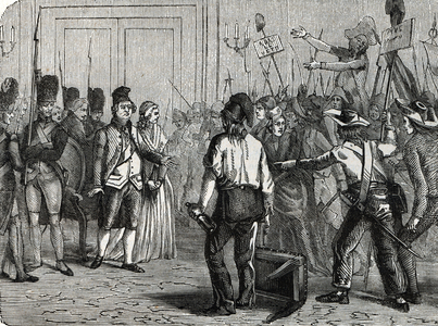 French Revolution: the March on the Tuileries, 20 June 1792 - French Revolution - Attack on the Palais des Tuileries, 20 June 1792 - The day of 20 June 1792 at the Chateau des Tuileries. King Louis XVI presents himself before the people and heats the red cap (phrygian cap) Engraving from Les mysteres du grand monde” by Fulgence Girard, 19th century Private Collection