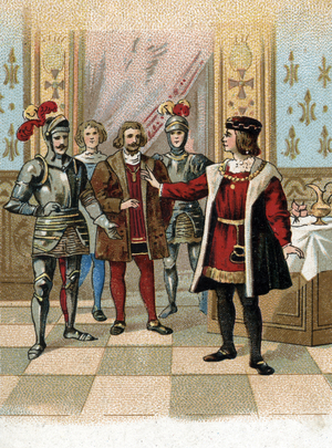 King Louis XII (1462-1515) exclaiming to the gentlemen who urged him to punish the comedians who parodied him “” I like to see the courtiers laugh at my greed than the people crying for my expenses””” 1505 (King of France Louis XII answering to his brokers who accused him not to punish the actors who make fun of him, I would rather see the brokers laugh my avarice that the people crying my expenses 1505) Chromolithograph 19th century Private collection