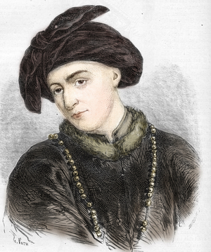 Portrait of Jan van Eyck (1390-1441) Flemish painter (Jan Van Eyck (1390-1441) Flemish painter who, in 1420, discovered drying oil and became so the inventor of oil) Engraving from “History-Populaire-de-France” by Lahure, 1866 Private collection